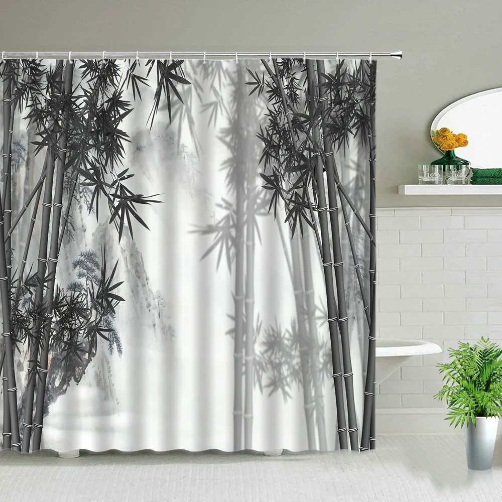 Chinese Style Ink painting Bamboo Landscape Shower Curtain Flower Bird Scenery Bathroom Waterproof Cloth Bath Curtains With Hook