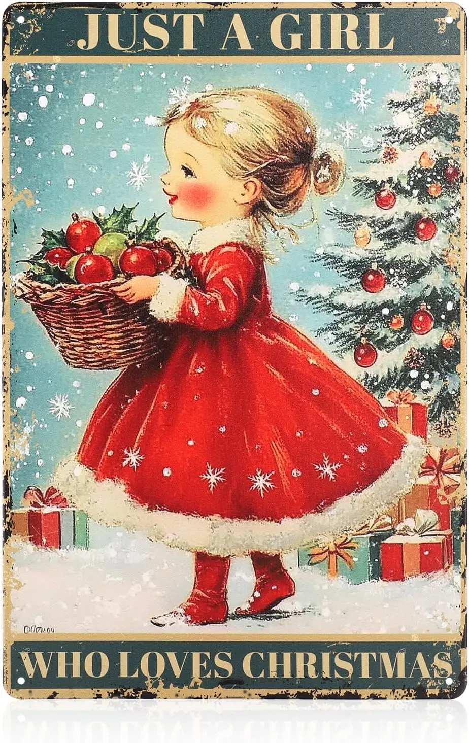 คริสต์มาส Vintage แผ่นโลหะดีบุกป้าย, 8x12 นิ้ว Just a Girl Who Loves โปสเตอร์คริสต์มาส Retro Xmas ตกแต่งบ้านครอบครัว