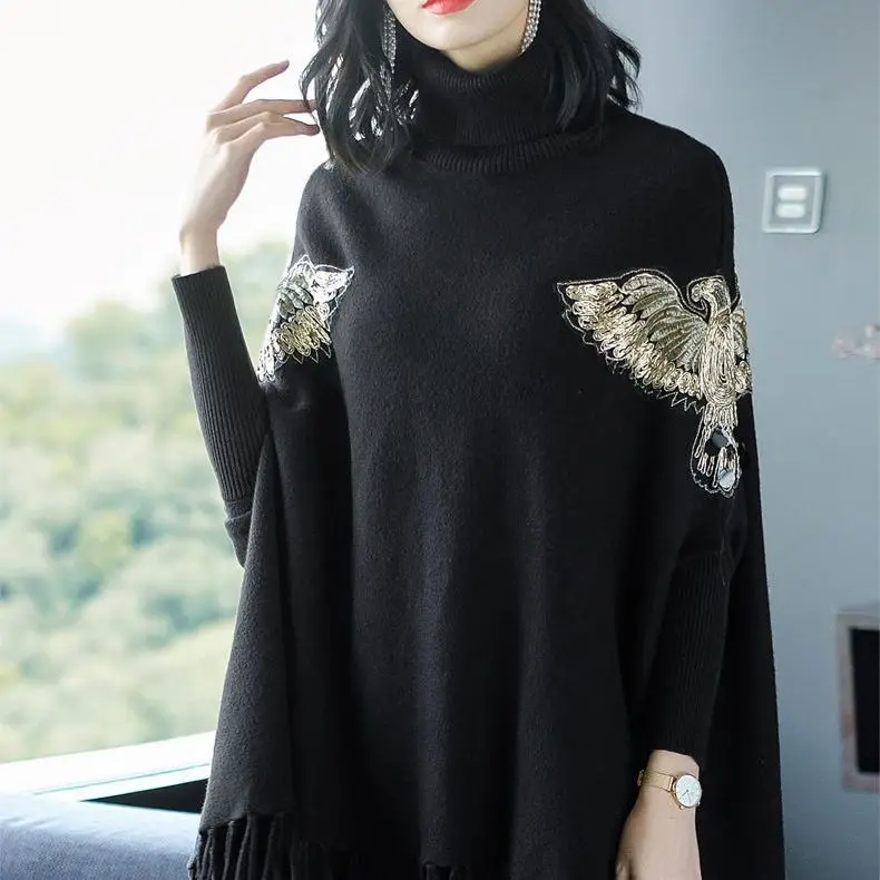 Autumn Pullover Poncho 2023 New Little Fragrant Women Relaxed Outwear Pullover Long Sleeve Sweater Knitted Bat Sweater Top Women