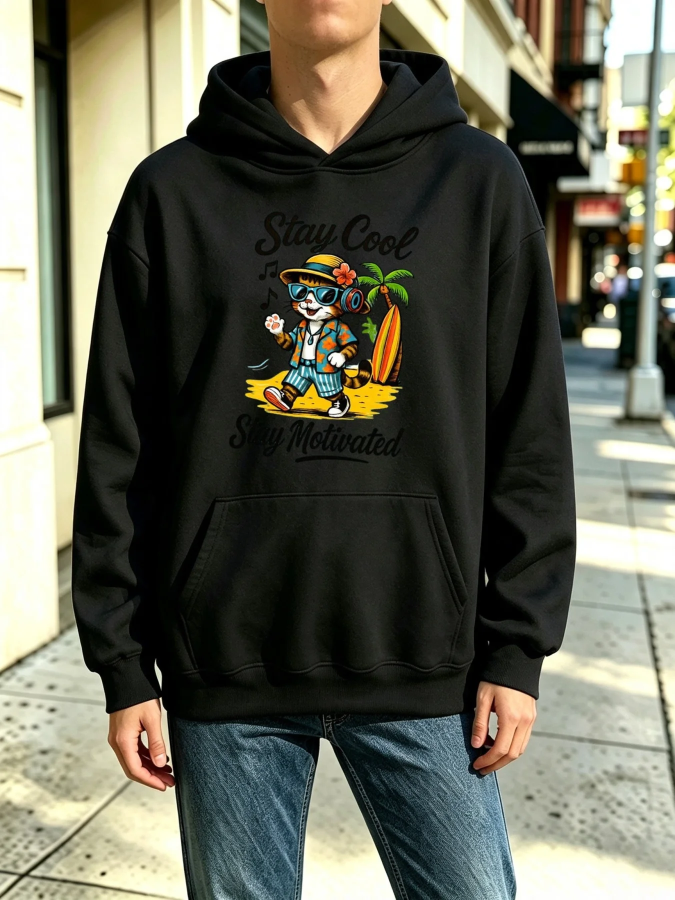 Men's Hooded Sweatshirt, Stay Fresh, Stay Energized, Beach Cat Print Design, Casual Basic Style, Loose Fit, Autumn and Winter Everyday Outdoor Workwear, Soft Fleece Lining, Long Sleeves, Kangaroo Pocket