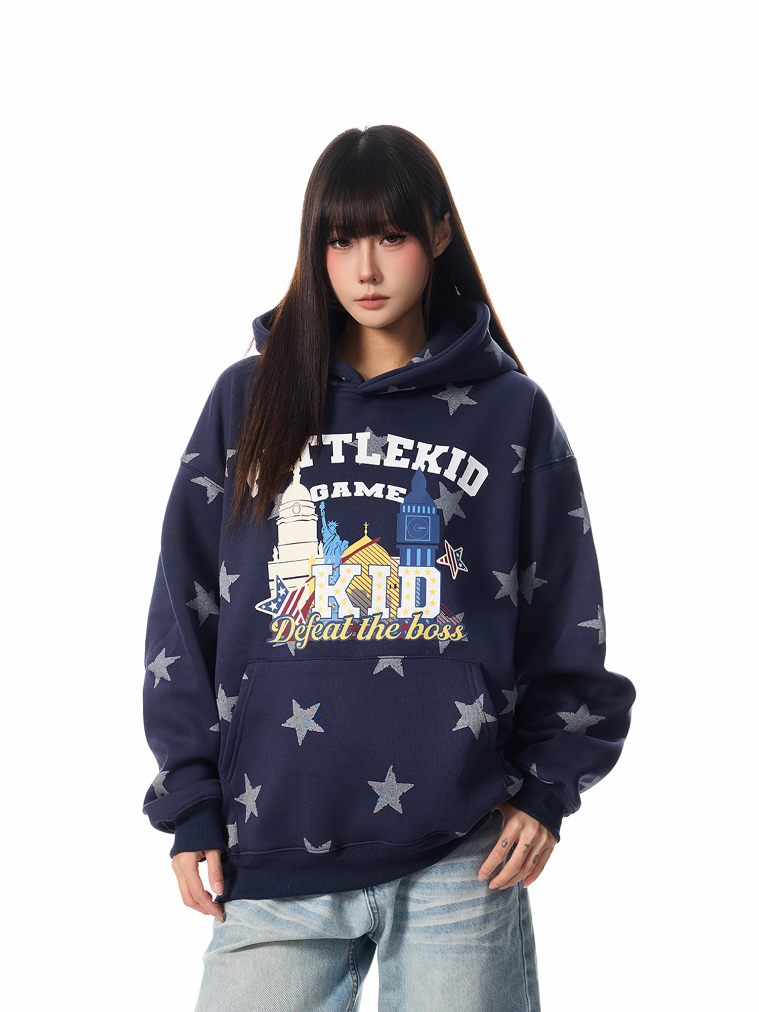 

Ретро-худи SREK в американском стиле, свободный крой, повседневная уличная одежда, с принтом звезд и букв, удобный лонгслив