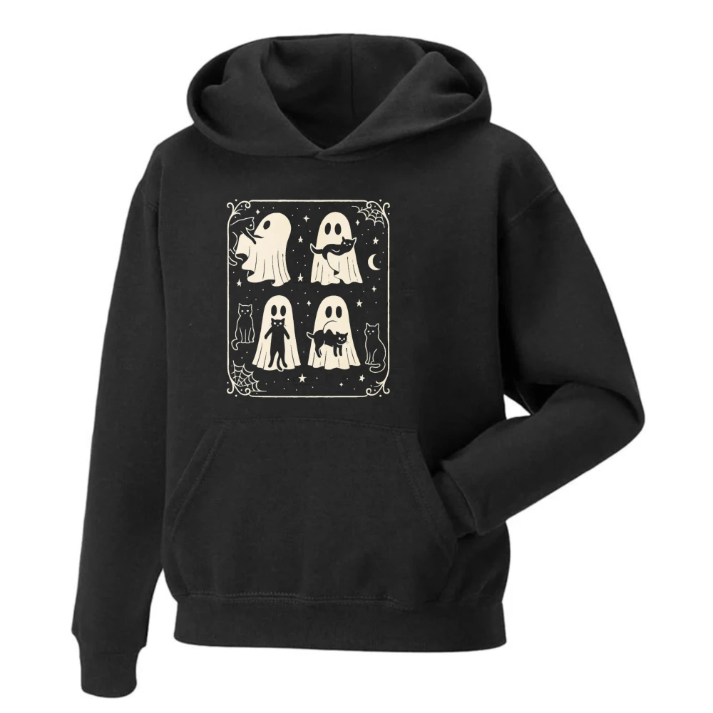 Halloween Black Cat Ghost Pullover Casual Fit Stars Moon Spiderweb Frame Hoodie Sweatshirt Spooky Crewneck Long Sleeve Top