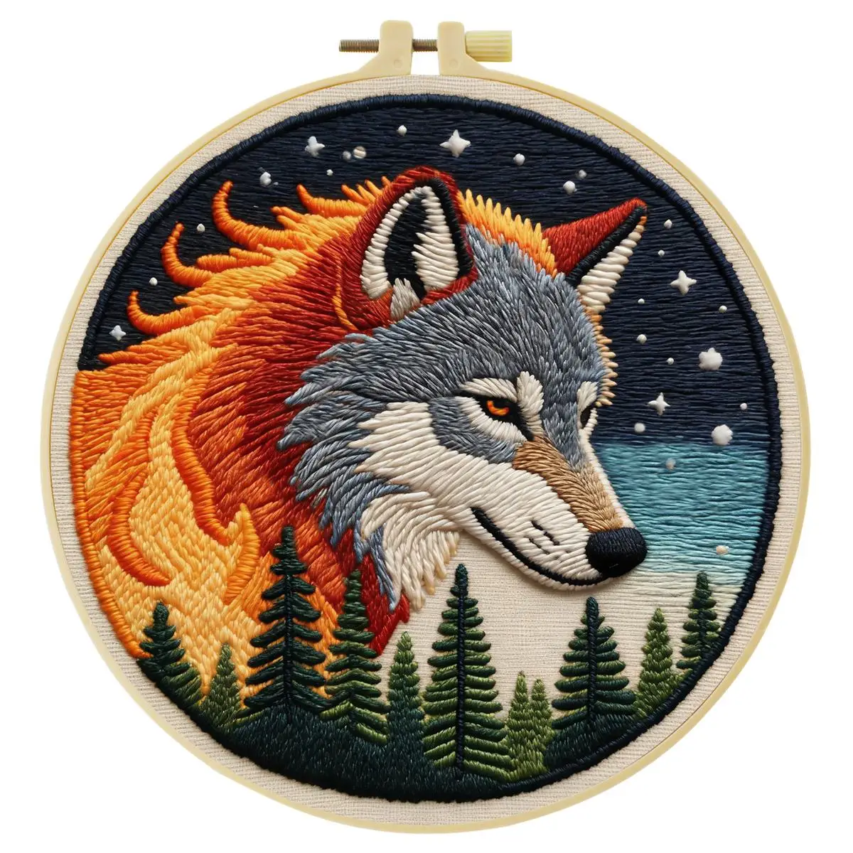 1 Stück 20X20CM/15X15CM 7,87/6,3 Zoll Flammen-Wolf-Stickerei-Starter-Kit DIY-Kit DIY-Stickerei-Set Handarbeiten Nadelkunst – Detail 2