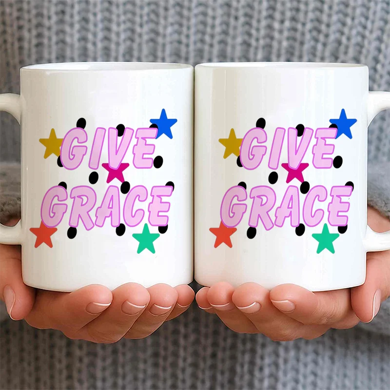 Give Grace Letter Print Colorful Star Pattern Ceramic Coffee Mug 11oz 350ml Personalized Custom Mug Cute Aesthetic Mug Microwave