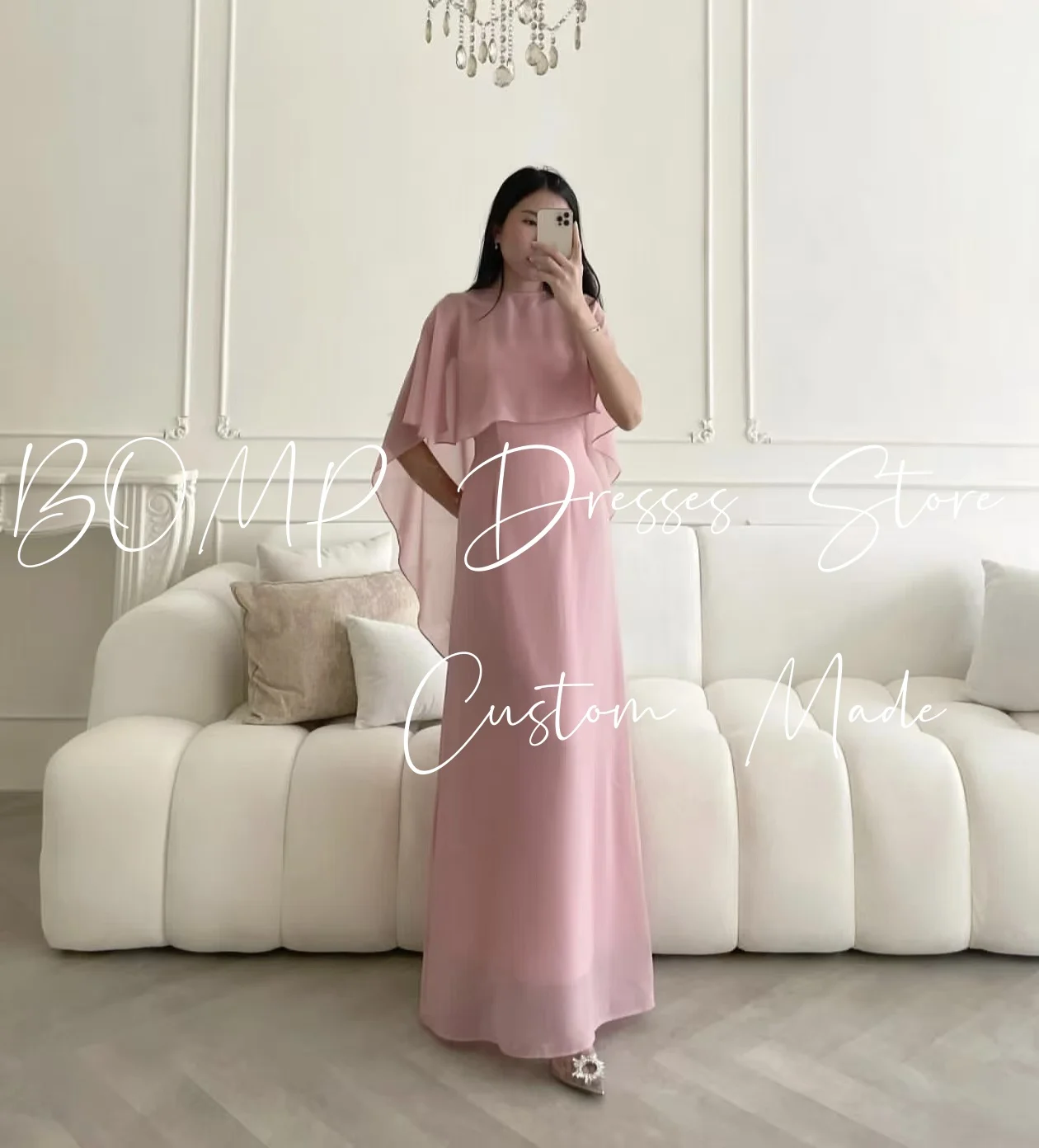BOMP – robe de soirée de mariage rose élégante, avec veste, col rond, ligne a, longueur au sol, en mousseline de soie, robes de soirée formelles personnalisées