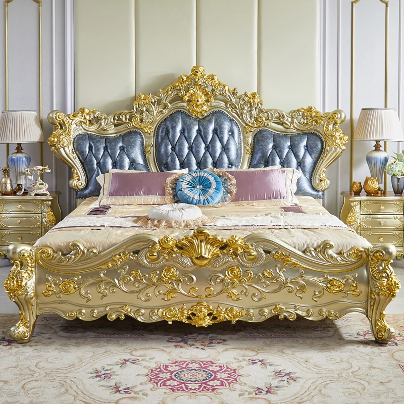 

European-style leather queen bed villa luxury solid wood carving master bedroom wedding bed layer cowhide