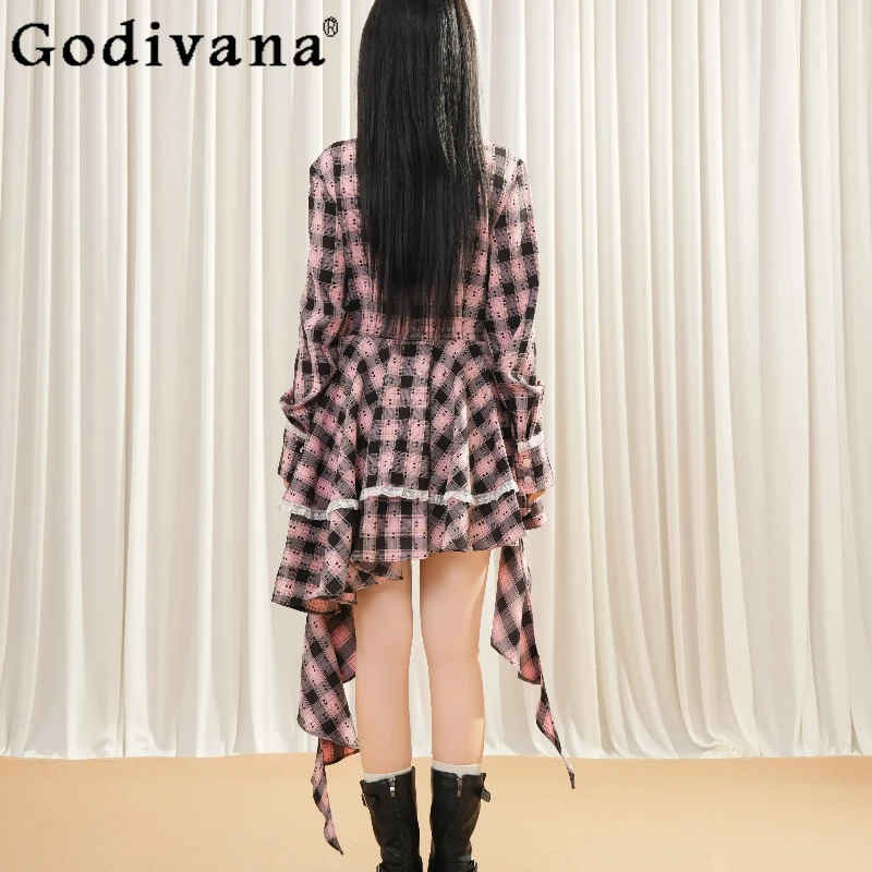 الفرنسية الحلو الدانتيل الوردي منقوشة فستان للنساء الخريف طويلة الأكمام القوس فستان الإناث النمط الياباني غير النظامية لوليتا فستان قصير