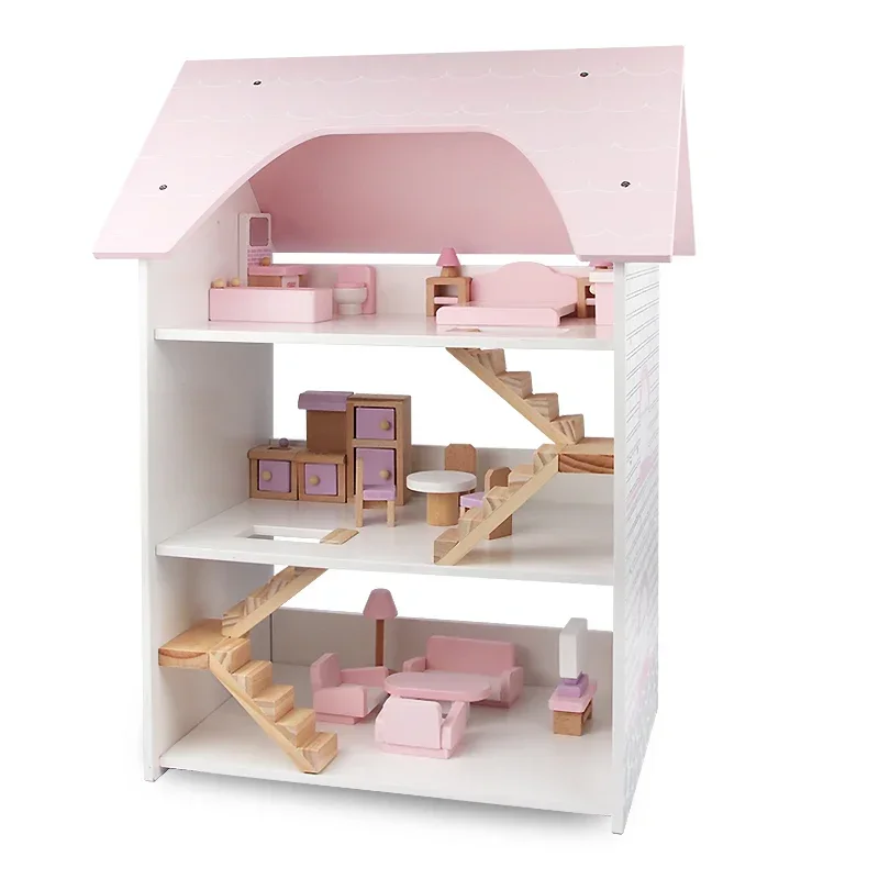 3 Etagen Villa große rosa Prinzessin Puppenhaus Möbel DIY 3D Holz Puppenhaus Spielzeug Cosplay für Kinder spielen Haus großes Geschenk