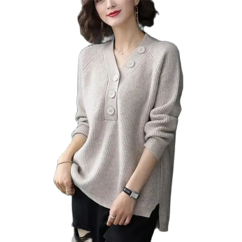 

Spring Autumn Knitting Sweater Women 2024New Loose Fashion Button Pullover Tops Coat V-Neck Pure Colour Elegant Outerwear Female