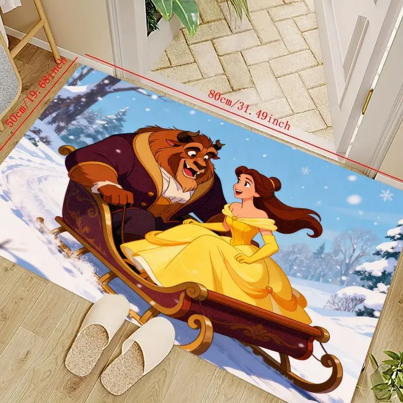

1 шт., напольный коврик Disney Beauty and the Beast Belle & Beast Sleigh Ride, противоскользящий коврик с зимней сказочной тематикой принцессы для детей