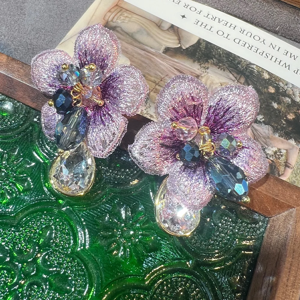 New Chinese-style violet flower water drop earrings, elegant light luxury high-end niche design versatile super fairy earrings