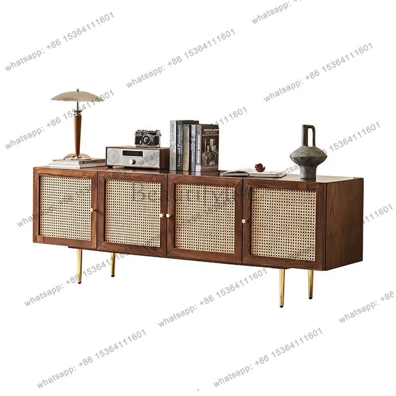 Wabi-sabi rattan four doors solid wood medium and ancient style simple floor storage TV cabinet
