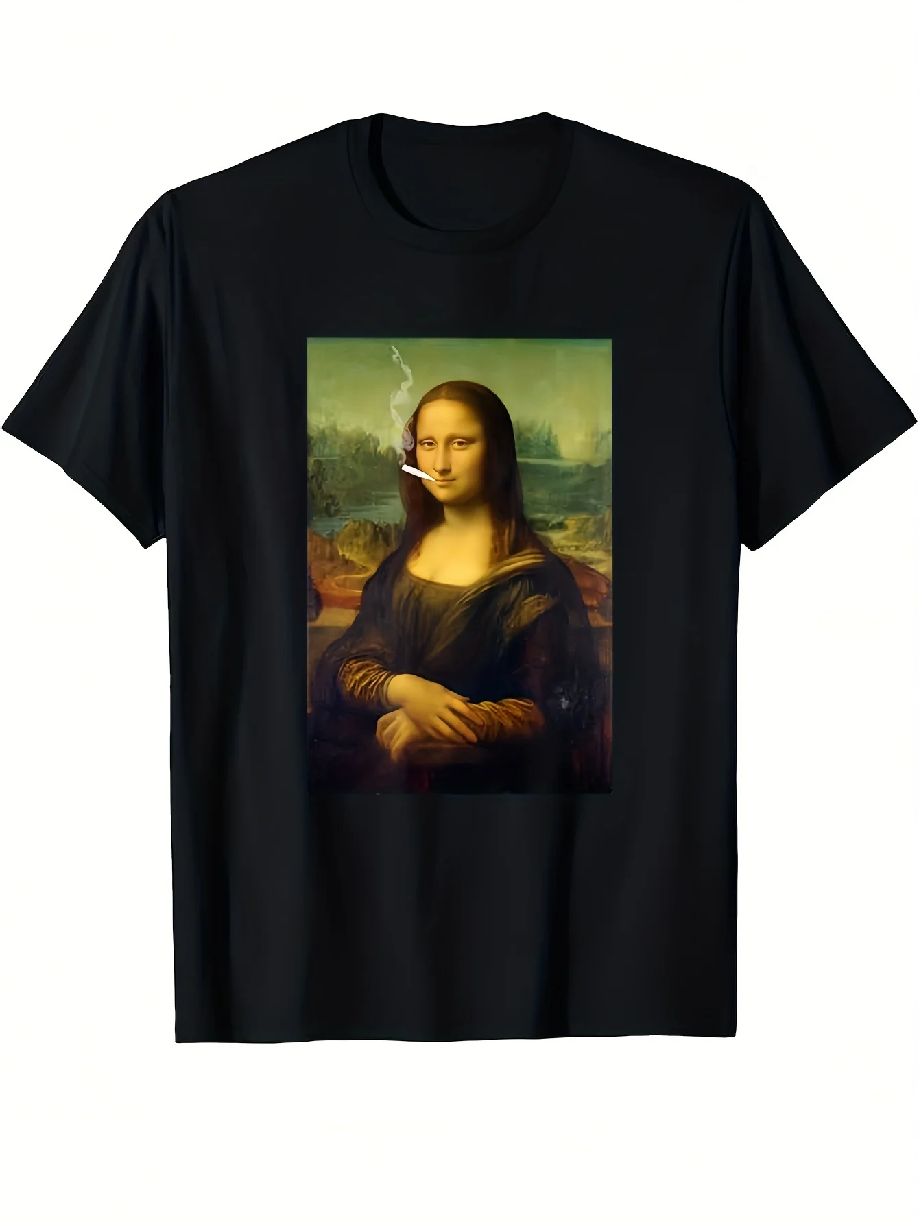 Men's Mona Lisa Print T-Shirt - Short Sleeve Round Neck Casual Tee with Iconic,   Dry Cleanable, Versatile for -Casual  Formal Wear - Stylish for Events  Everyday Outfits (Stock Available)