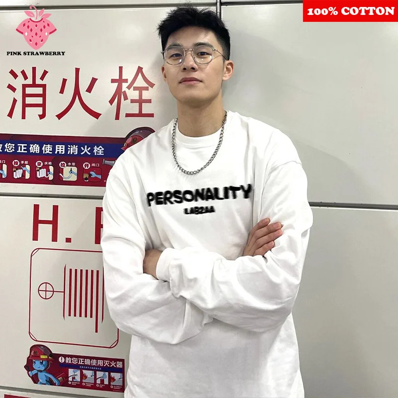 الأمريكية غير الحقيقية إلكتروني تي شيرت مطبوع الرجال 100% القطن المعتاد الأبيض س الرقبة طويلة الأكمام فضفاضة تي شيرت رياضي Y2k أفضل الرجال الملابس