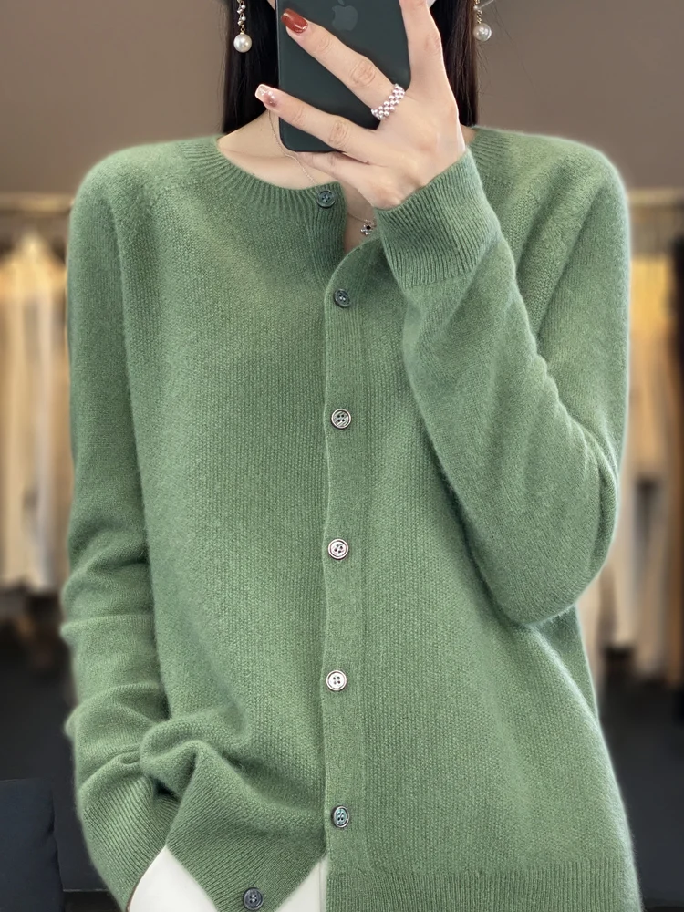 

ADDONEE New Spring Autumn Women's O-neck Long Sleeve Cardigan 100% Merino Wool Sweater Basic Grace Cashmere Knitwear Korean Tops