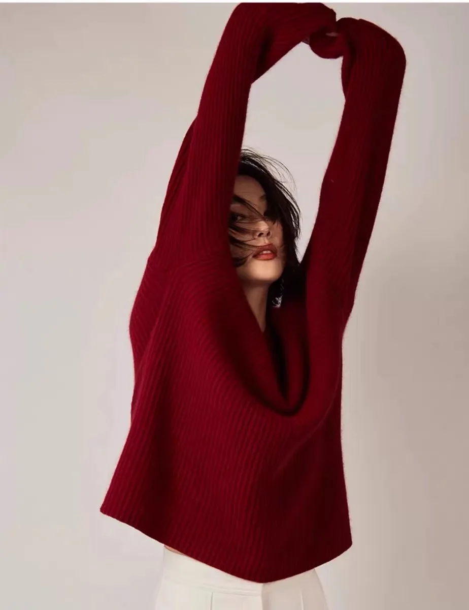 High Collar Cashmere Sweater for Women, Loose Sweater, Lazy, Thickening, Age Reducing, Retro Design, Red Swe, Christmas Special