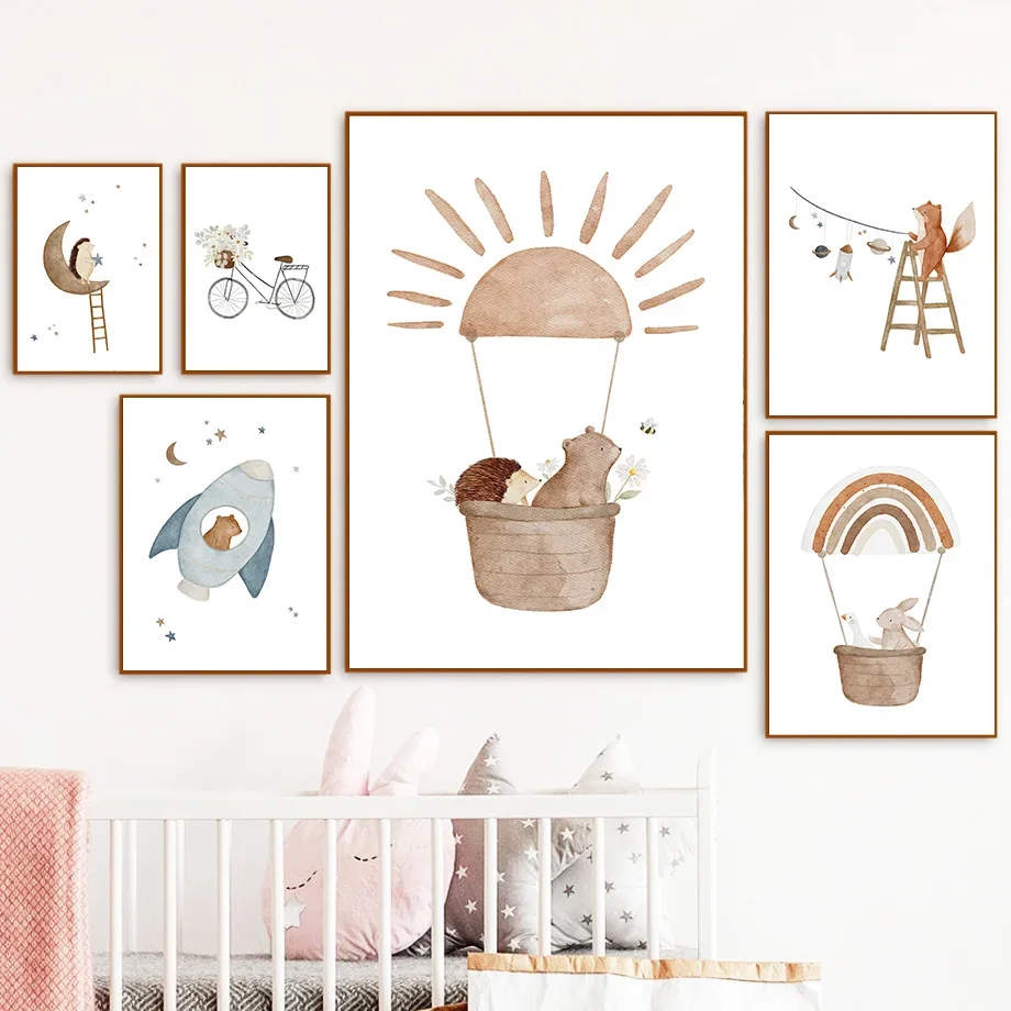 Boho Space Rocket Bear Rabbit Hedgehog Bee Flowers Nursery Posters Wall Art Print Canvas Painting Baby Kids Room Home ation