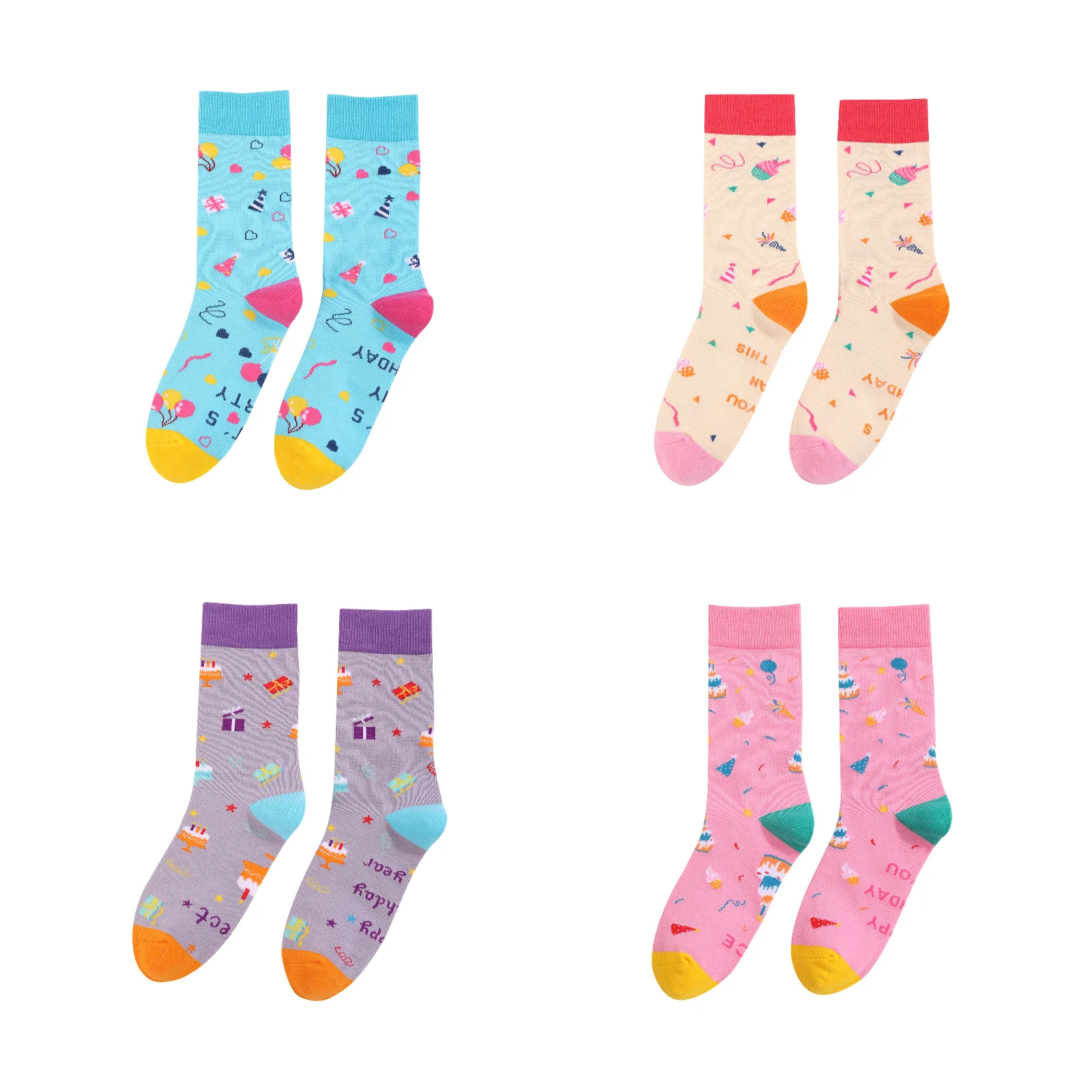 Birthday gift socks four-color set (1 pair each of blue/yellow/purple/pink)