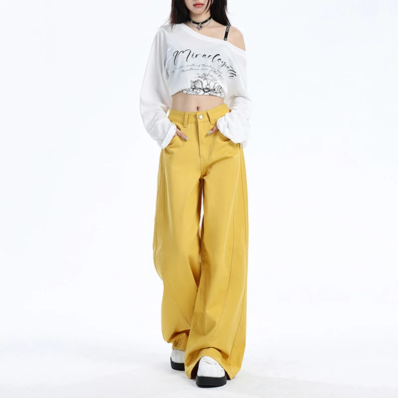 

Solid Color High-waisted Straight-leg Jeans American Streetwear Loose Wide Leg Pants Harajuku Casual Floor Mopping Trousers