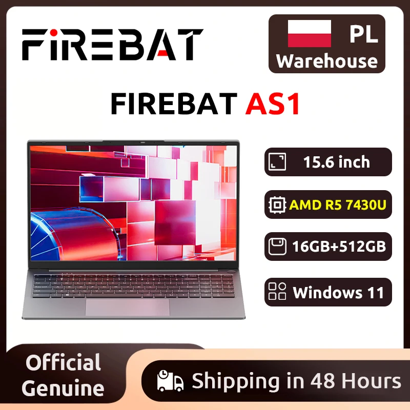 Firebat AS1 AMD R5 7430U 2026 Nowy Laptop 6 rdzeni 15,6 cala 16GB DDR4 RAM 512GB SSD Do 4,3 GHz Notebook