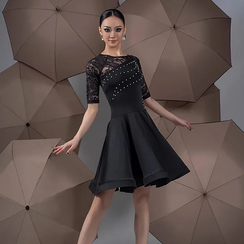 Latin dansjurk Dames Competitie Ballroom Danskleding Kanten mouw Salsa Rumba Chacha Prestatiekostuums