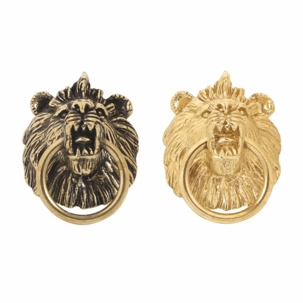 Retro Lion Head Knob Brass Handle Furniture Hardware Single Hole Cabinet Door Knobs Gold Vintage Wardrobe Drawer Pulls Cupboard
