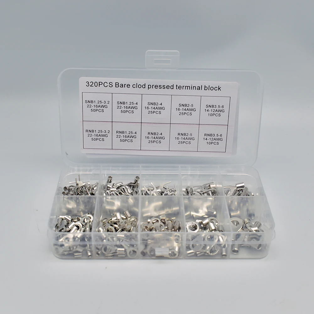 320Pcs/Box 10 In 1 Terminals Non-Insulated Ring Fork U-type Brass Terminals Assortment Kit Cable Wire Connector Crimp Spade