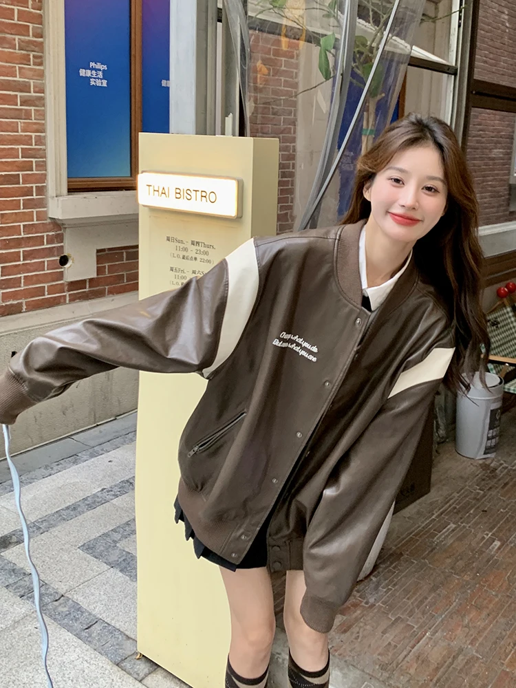 Baseballjacken Leder Damenmode Ärmel Softshell-Taschen Retro Langarm Kpop Life Fishbone Prints Beflockung Fleeced