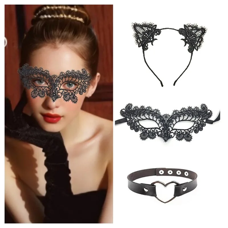 Ensemble de costumes de chat d'Halloween pour femmes – Masque de princesse sexy en dentelle, bandeau et masque pour les yeux, accessoires de fête en tissu noir
