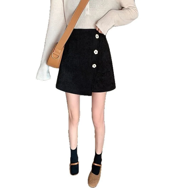 Herbst und Winter Neue Blütenblatt Knöpfe Unregelmäßigen Rock Cord Pit Streifen A-linie Rock Kurzen Rock frauen Innen Gürtel Sicherheit Hosen