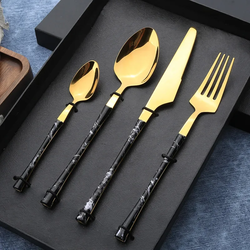 20Pcs Stainless Steel Tableware Set Glossy Wood Gold Dinnerware Sets Western Food Knife fork Teaspoon Cutleries