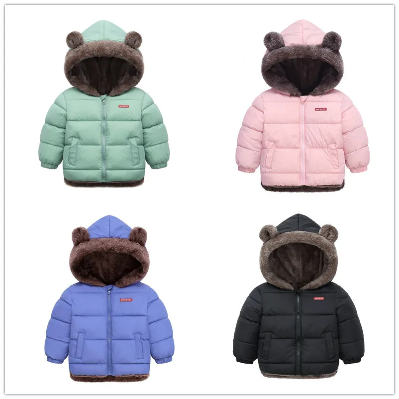 

Детская зимняя хлопковая куртка из овечьей шерсти, пуховые хлопковые куртки для мальчиков, детская однотонная флисовая куртка с утолщенными медвежьими ушками для девочек