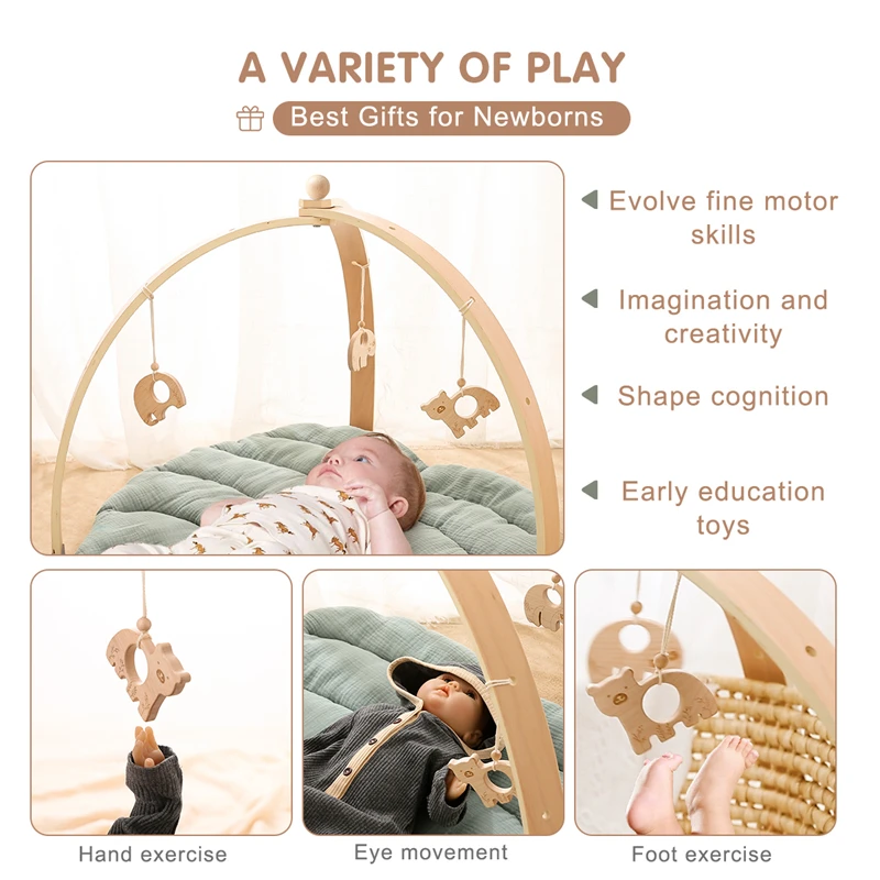 1Set New Natural Wooden Baby Gym Triangular Curved Shape Detachable Wooden Frame Play Gym Activity Set Baby Room Decorations Toy