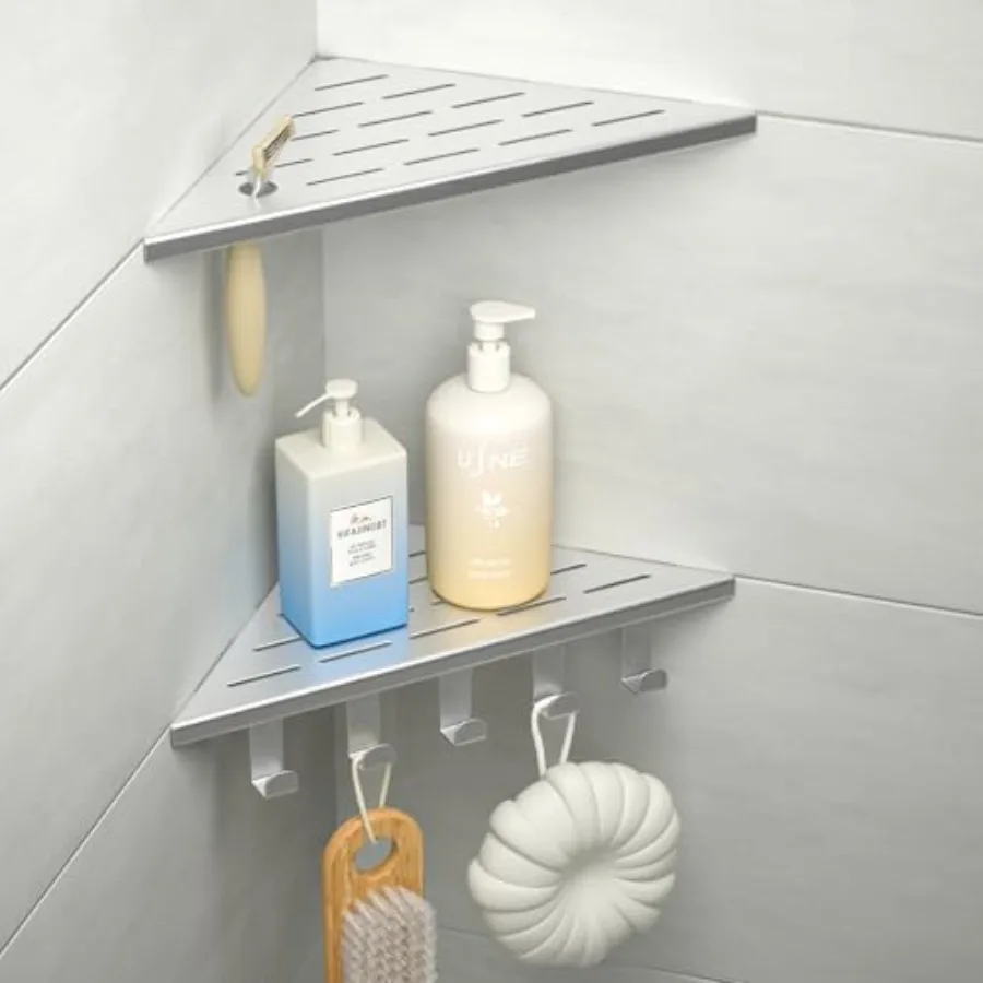 

10'' Corner Shower Shelf, 304 Stainless Steel Shelves for Bathroom, Grout in Shelf with Hooks for Tiled Wall