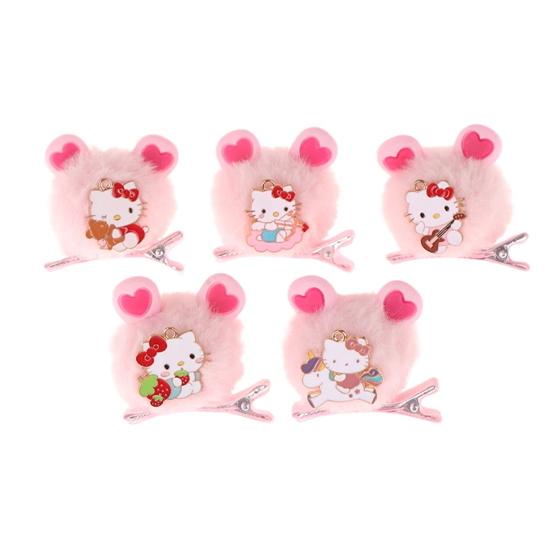 

2Pcs Kawaii Hello Kitty Plush Hair Clip Cute Cartoon KT Cat Pink Plush Ball Hairpin For Girls Lovely Headwear Hair Accessories