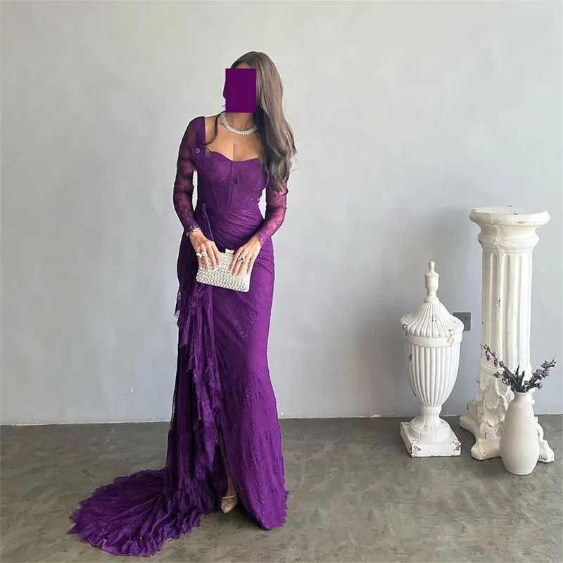 Robe de Soirée de Forme Sirène en Dentelle Violet, Tenue de Bal Classique, Style Moderne, avec Traîne à Balayage, Personnalisée, 2024