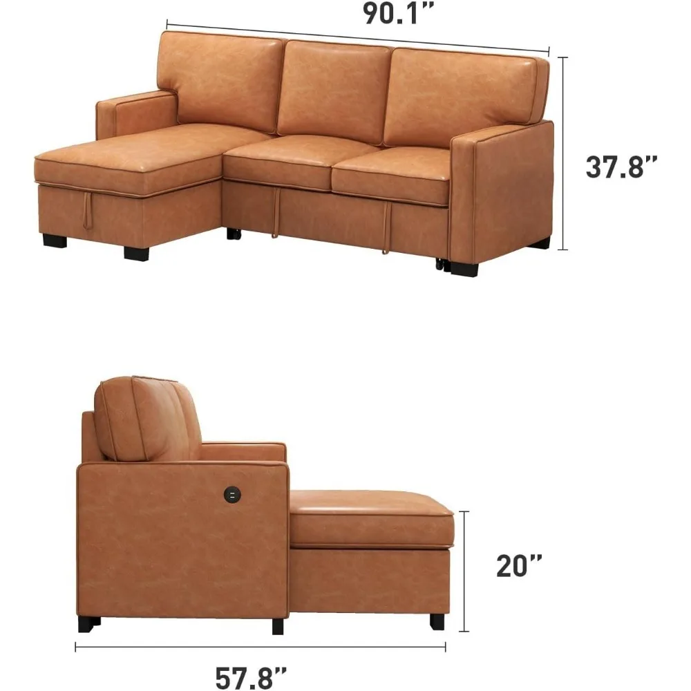 Convertible sofa bed 3-in-1, modern L-shaped sofa in imitation leather, pull-out sofa bed with storage, USB port, cup holder