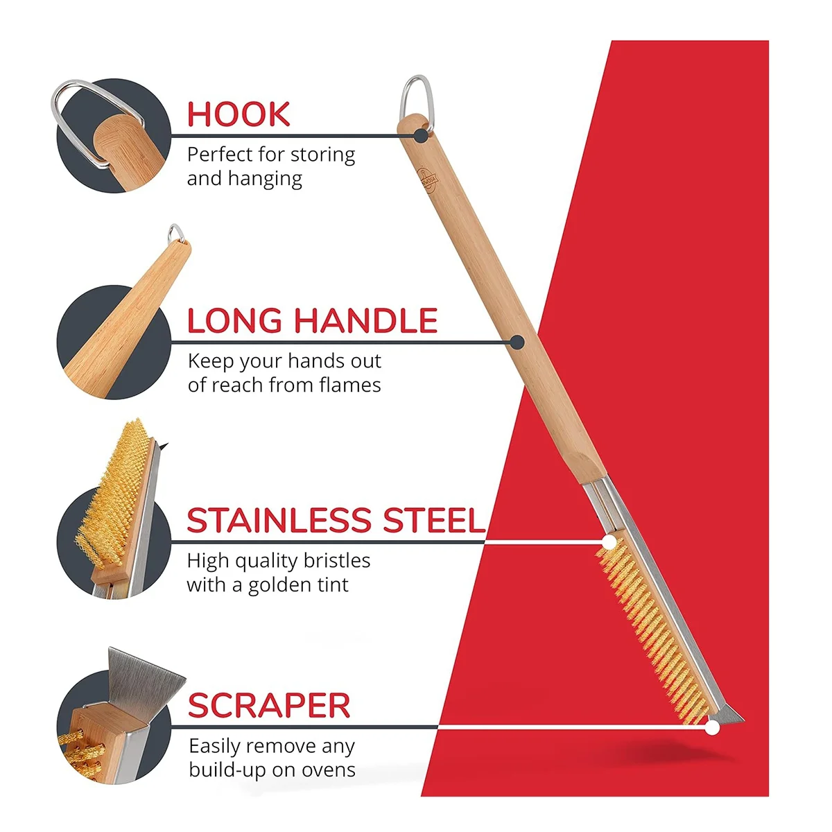 فرن بيتزا وفرشاة حجرية مع مكشطة ، حجر نظيف بين كل خبز ، مقبض خشبي طويل ، قوي وسهل الاستخدام ، 21in