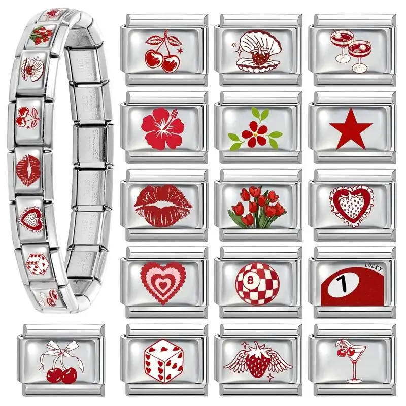 New Oil Dripping Red Heart Star Cherry Italian Charm Links Fit 9Mm Stainless Steel Women Men Bracelet DIY Making Jewelry Gifts