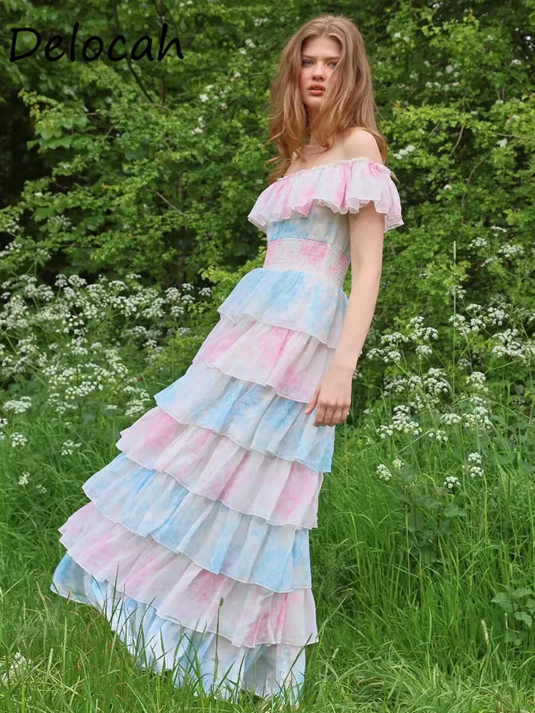 

Delocah High Quality Designer Vintage Noble Cute One-line Collar Colorful Ruffled Sleeves Rainbow Cake Tiered Long Dress