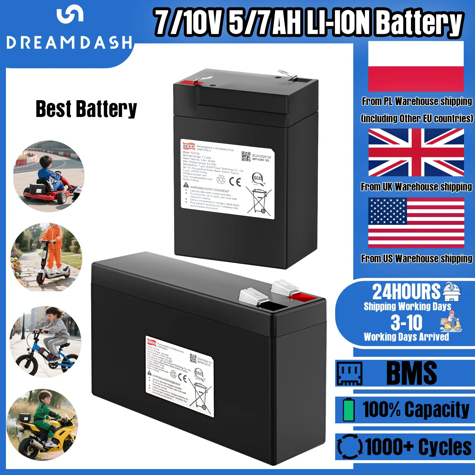 

Dreamdash 10.8V 7.5Ah Li-ion Battery For Children's Electric Vehicles Toy Cars Motorcycles Electric Car Balance Battery 7.2V 5.0