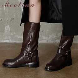 Meotina Women Genuine Leather Mid Calf Boots Round Toe Flats Buckle Metal Decoration Ladies Fashion Shoes Autumn Winter Brown 43