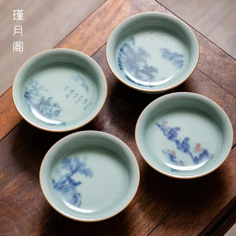 Porcelain Kung Fu Tea Pot Bearing, Dry Bubble Table, Tea Tray, Blue and White, Sky Green Kiln, Small Pot Bearing Fruit Tray