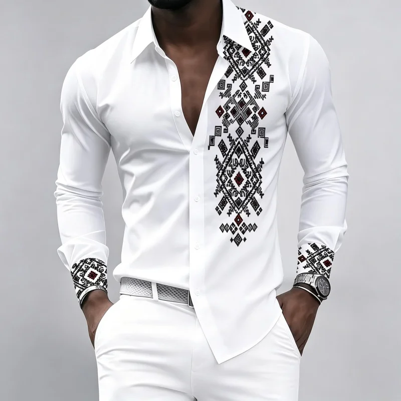 Men's Ethnic Geometric Diamond Print Long-Sleeve Shirt, Suitable for Commute and Vacation, Casual Style, Lapel, Sizes XS-6XL
