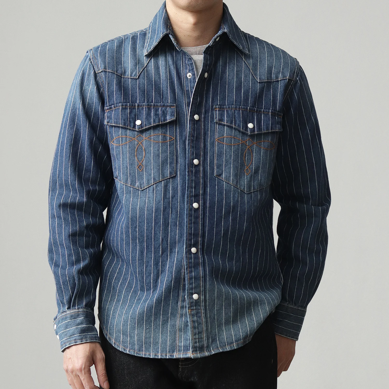 

2025 Spring American Retro Denim Cargo Striped Shirt Men's Simple 100% Cotton Washed Old Casual Double Pocket Amekaji Blouses