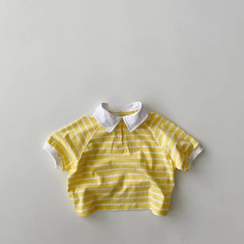 

2026 Summer New Children Short Sleeve T Shirts Cotton Baby Girls Simple Lapel Striped Tee Boys Casual Polo Shirts Kids Clothes