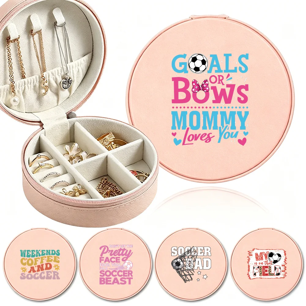 

Premium Round Canvas Jewelry Organizer Mini Compact Jewelry Storage Box For Rings, Earrings, Necklaces Soccer Text Pattern