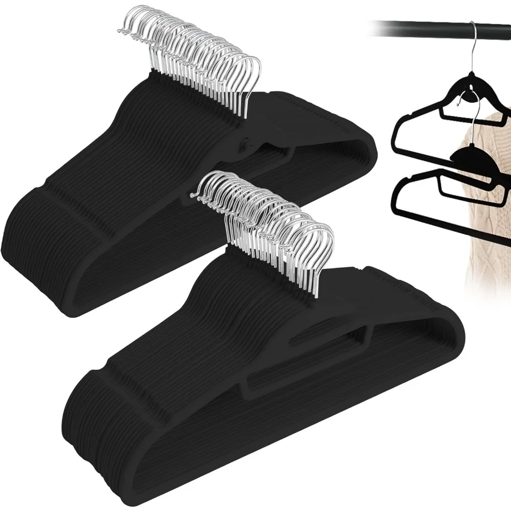 

Black Velvet Hangers 50 Pack, S-Shaped and Stackable Non Slip Felt Hanger with 360°Swivel Hook, Ultra Thin and Space Saving