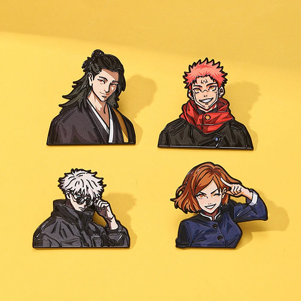 4Pcs Anime Jujutsu Kaisen Brooch Set Gojo Satoru Yuji Nobara Geto Enamel Pins Fashion Men's Lapel Badges Cosplay Gift For Fans