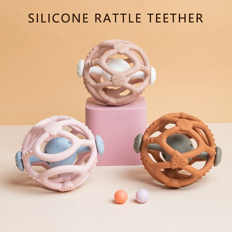 Silicone Baby Teething Rattle Ball, Baby Teething Soothing Tool, Newborn Grasping Training Toy